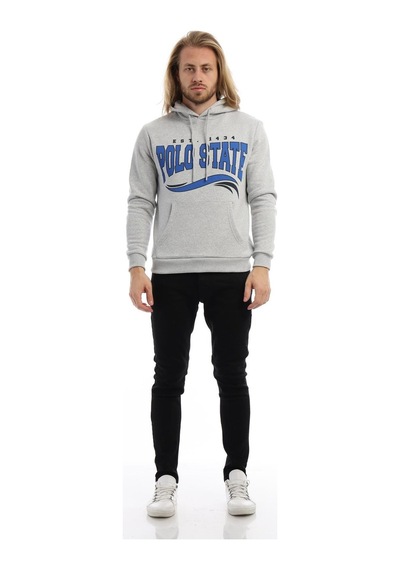 Polostate Erkek Polo State Baskılı Kapüşonlu 3 İplik Şardonlu Sweatshirt Gri Melanj