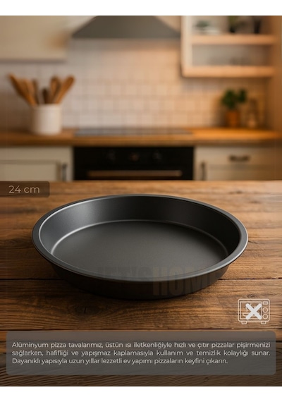 Jet's Home 2'li Pizza Tavası Seti Alüminyum Pizza Tepsisi Yapışmaz Lahmacun Pide Tavası 24 Cm siyah