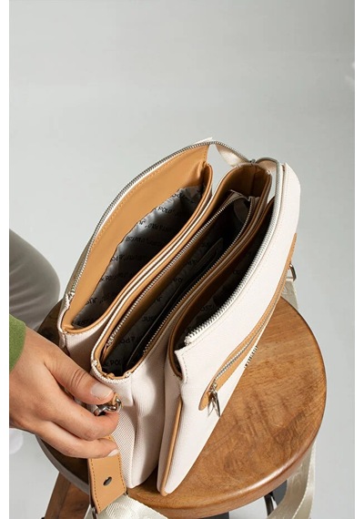 Just Polo Kadın Günlük Kullanıma Uygun Ayarlanabilir Askılı Lakoste Kumaş Şık Omuz Çantası Shopper Krem Taba