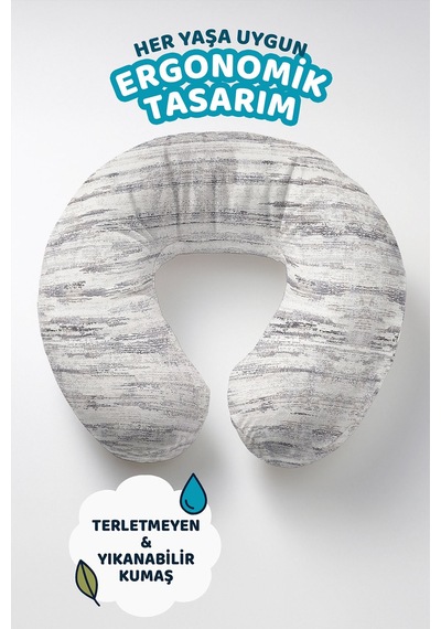 Modern Gri Çizgili Ergonomik Boyun Yastığı - Doğal Tonlarda Yumuşak Gri Beyaz Seyahat Yastığı Koyu Orman Kabak