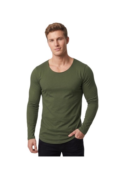 Deepsea Erkek Haki %95 Pamuk Slim Fit Kesik Açık Yaka Likralı Penye Sweatshirt Oval Kesim 2602299
