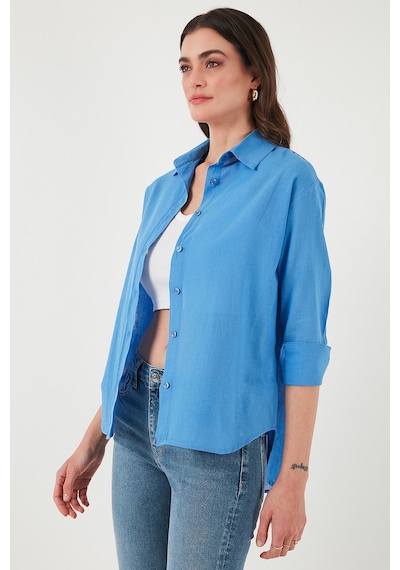 Lela Keten Ve Pamuk Karışımlı Regular Fit Önü Kısa Arkası Uzun Bayan Gömlek 6772853 Indigo