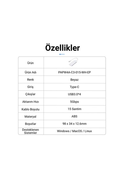 Orico PAPW4A-C3-015-WH-EP 4 Portlu Type-C To Usb 3.0 Yüksek Hızlı 5 GBPS Hub Çoklayıcı Beyaz