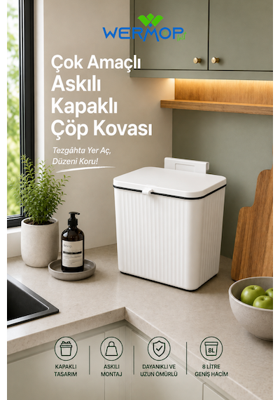 8 Litre Mutfak Tezgâh Üstü Ve Dolap Askılı Kapaklı Çöp Kovası Beyaz