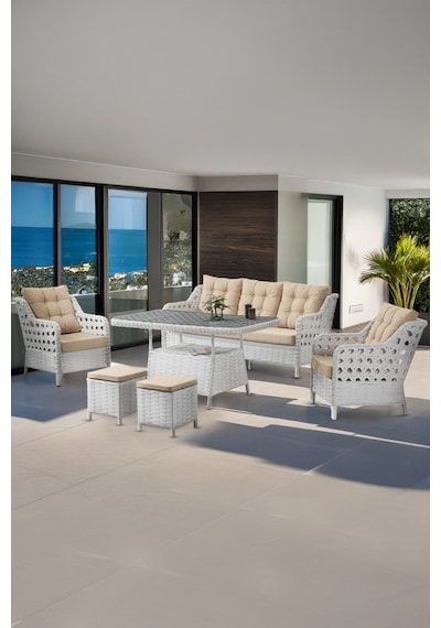 Canisa Antoryum Serisi 1. Sınıf 3+1+1+2 Puf Beyaz Rattan, Cappucino Minder Bahçe Balkon Oturma Koltuk Takımı Canisa Antoryum Serisi 1. Sınıf 3+1+1+2 Puf Beyaz Rattan, Cappucino Minder Bahçe Balkon Oturma Koltuk Takımı