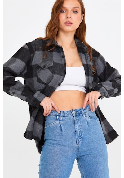 Tarz Cool Kadın Füme-siyah Slim Fit Cepli Ekoseli Oduncu Gömlek-kkkodg001r03s Füme-siyah