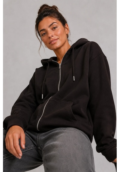 Bb Butik Basic Kadın Oversize Fermuarlı Kapüşonlu Sweatshirt Üç İplik Sweatshirt Hırka My3535 siyah