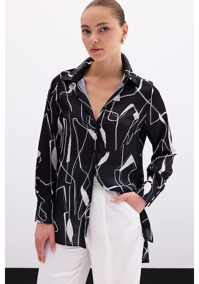 Sateen Yırtmaç Detaylı Gömlek - Siyah-136102 Siyah