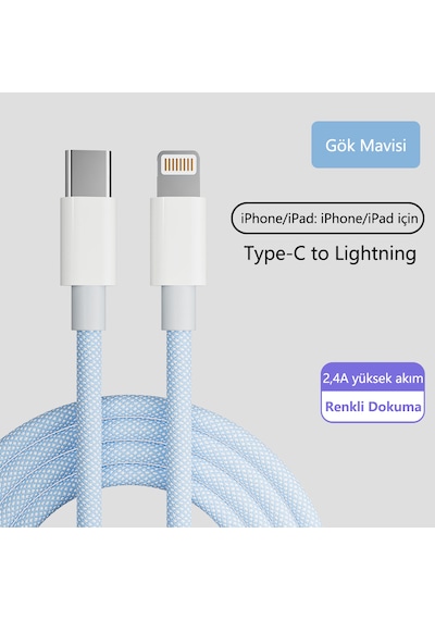 20w Type c Lightning Hızlı Şarj Kablosu Kalın Dokuma Apple iPhone 13 12 11 x Uyumlu Akıllı Çipli 1m Mavi Tip