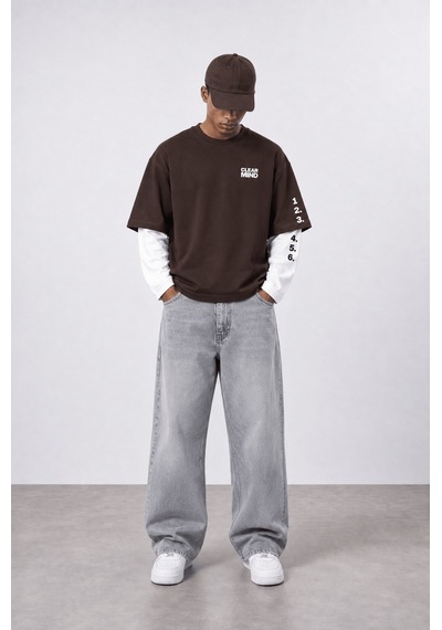Respire Erkek Double Sleeve Oversize Sweatshirt Kahve
