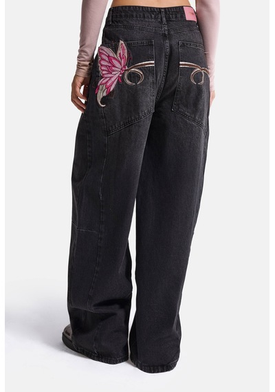 Kadın Koyu Füme 2w6-1 Mega Barrel Fit Nakış Özel Tasarım Denim Jean