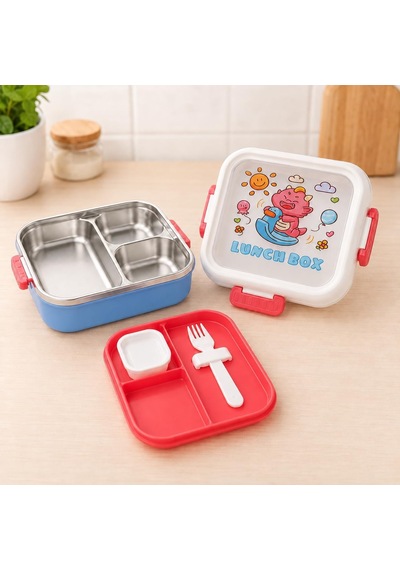 3 Bölmeli Paslanmaz Çelik Çocuk Beslenme Kabı, Kilitli Lunch Box,kırmızı Çok Renkli