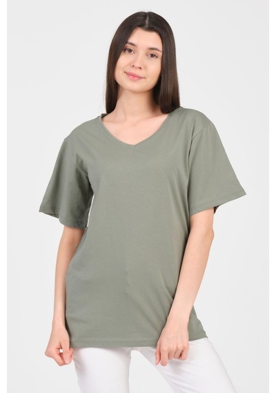 As Collection Yeşil V Yaka Kısa Kol Boyfriend Kadın T-shirt Yeşil