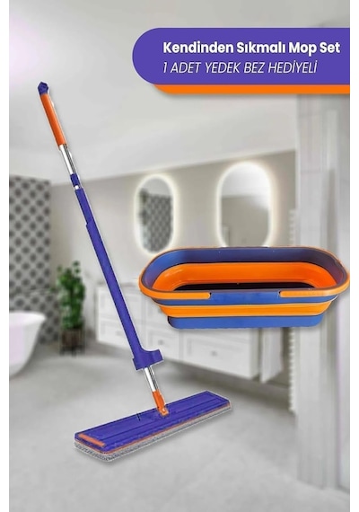 Kendinden Sıkmalı Tekerli Kovalı Mop Seti - Kendinden Sıkmalı Mop Katlanabilir 1 Yedek Bez Kova