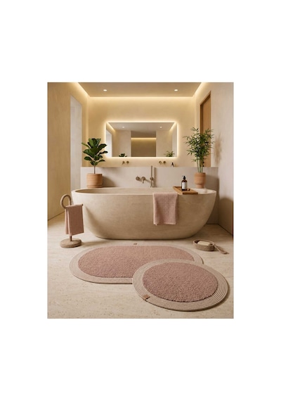 Nesrin Kaymaz Taban Peluş Banyo Paspası Seti Jüt Kenar Detaylı 2 Li Oval Yuvarlak Pudra 100x60 60x60 Pembe