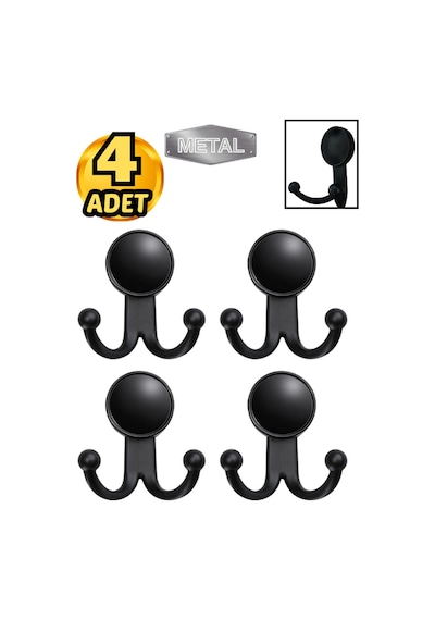 Metal Boncuk Askı Siyah Duvar Tipi 4 Lü Siyah