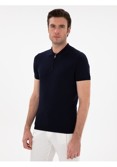 Lacivert Slim Fit Fermuarlı Polo Yaka Triko T-shirt