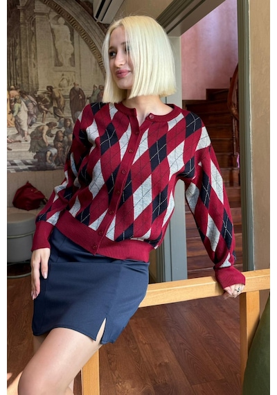 Madmext Bordo Baklava Desenli Bisiklet Yaka Kadın Hırka Mg2496 Bordo