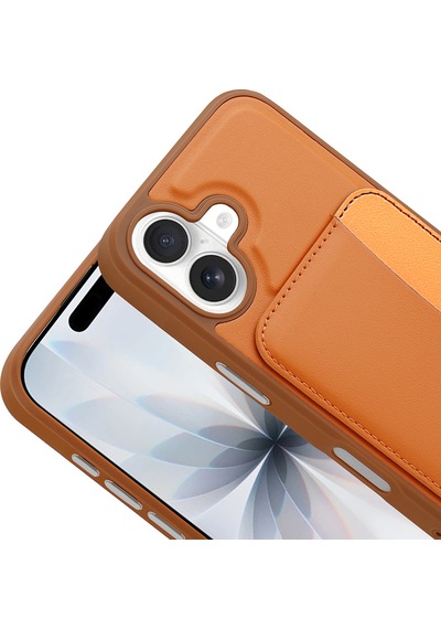 İphone 16 Uyumlu Kartlıklı Süni Deri X-kart Cüzdan Silikon Kapak Turuncu