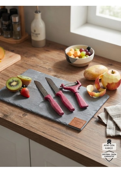 Solingen Ritter Alman Üretimi 3 Parça Mutfak Seti - 2 Adet Tırtıklı Bıçak 10 Cm + 1 Adet Soyacak Mor - Pembe