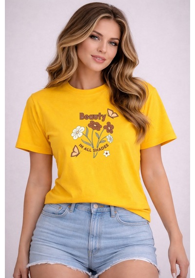 Herkesemoda Beauty Baskı Detaylı Basic T-shirt Sarı