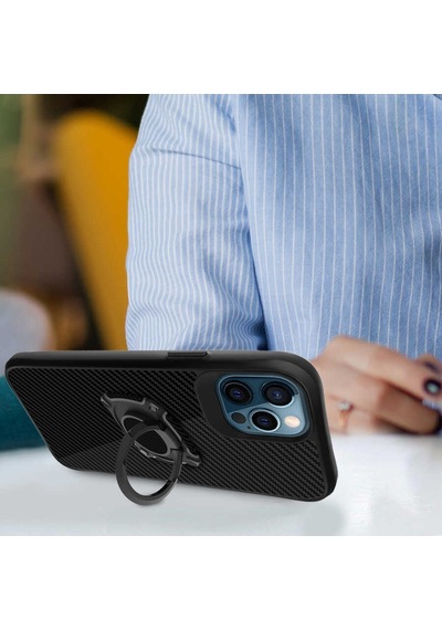 Apple Uyumlu iPhone 12 Pro Max Kılıf Yüzüklü Karbon Koruyucu Kapak