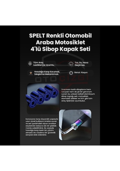 Renkli 4 Lü Sibop Kapak Seti Araba & Motosiklet Uyumlu, Alüminyum, Hava Kaçağını  - Mavi