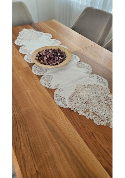 Şal Desen Fransız Dantelli Keten Gardeya Lüks Runner