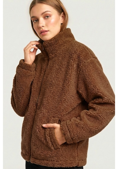 Kadın Peluş Tam Fermuarlı Cepli Sherpa Kuzu Kumaş Oversize Peluş Polar Sweatshirt Kahverengi Kadın Peluş Tam Fermuarlı Cepli Sherpa Kuzu Kumaş Oversize Peluş Polar Sweatshirt Kahverengi