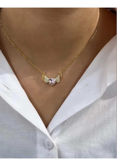 Gold Renk Zirkon Taşlı Parlak Büyüleyici Angel Wings Melek Kanadı 316l Çelik Kalp Kolye Gold