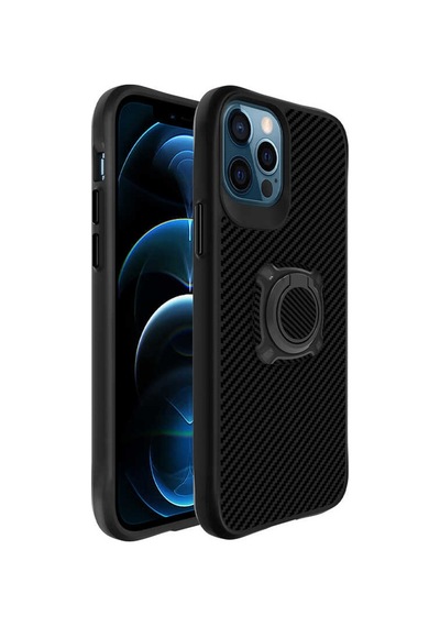 Apple Uyumlu iPhone 12 Pro Max Kılıf Yüzüklü Karbon Koruyucu Kapak