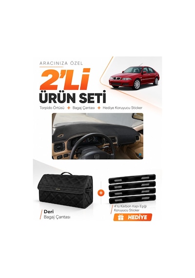 Rover 45 1999-2005 Uyumlu Torpido Örtüsü + Deri Bagaj Çantası + Sticker Seti - Siyah