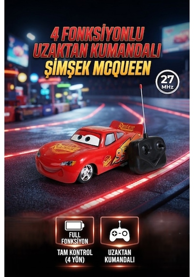 TıfılToys 4 Fonksiyonlu Uzaktan Kumandalı Şimşek Mcqueen - Hızlı Ve Dayanıklı 4 Fonksiyonlu Yarış Arabası Kırmızı