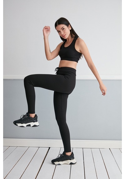 Thin Shop Fitilli Bağcıklı Toparlayıcı Tayt - Siyah Tayt - Fitilli Tayt Siyah