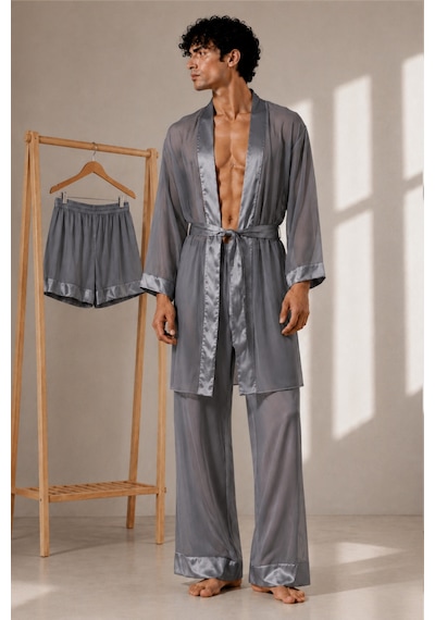Qmen Style Erkek Şifon 3'lü Kimono - Pijama - Şort Seti Gri
