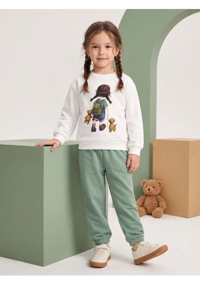 Zekids Kız Çocuk Ekru Baskılı Sweatshirt Ve Yeşil Jogger Eşofman Takımı-17434 Beyaz