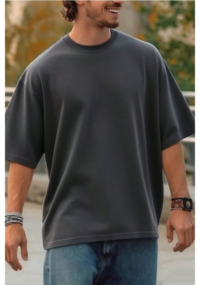 Erkek %100 Organik Pamuklu Kalın Dokulu Comfort Fit Bisiklet Yakalı T-shirt Gri