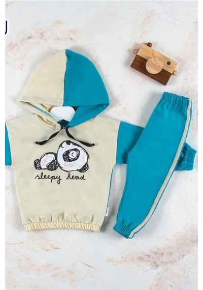 Veraura Lifestyle Panda Desenli Kapişonlu Erkek Bebek Takımı MAvi