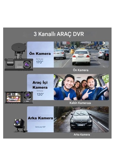 3 Adet Ön Arka İç Geniş Açılı Sürüş Kaydedici 2 İnç Ekranlı