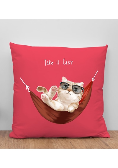 Bk Gift Kedi Tasarımlı Kırmızı Kırlent Yastık, Arkadaşa Hediye, Ev Dekorasyonu, Ev Hediyesi-2