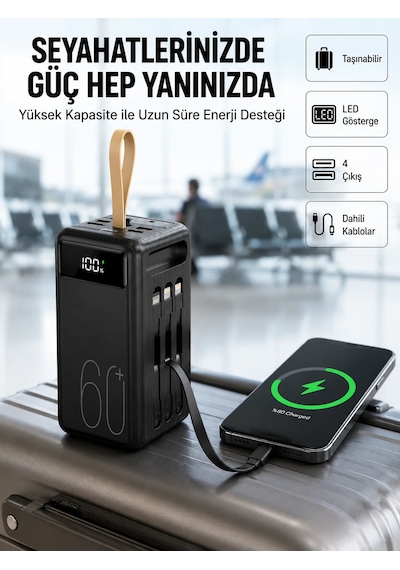 Tüm Cihazlara Uyumlu Çoklu Çıkışlı Powerbank Yeni Nesil Siyah