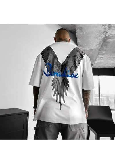 Startmore Unisex Büyük Beden Paradise Baskılı Oversize Beyaz