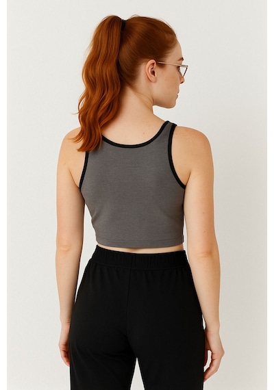 Tommy Life Antrasit Melanj Basic Sıfır Kol Dar Kalıp U Yaka Kadın Crop Top Atlet - 97162 Antrasit