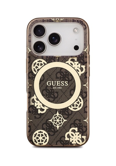 Apple iPhone Uyumlu 18 Pro Max Kılıf Guess Lisanslı M-safeli Iml Peony Ve 4g Desenli Klasik Logolu Kahverengi