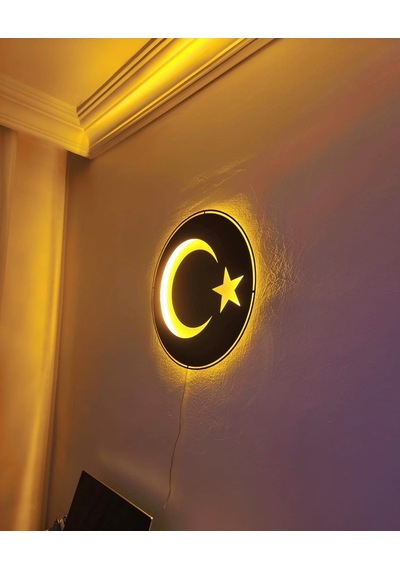Motto Dekor Lazer Kesim Amber Led Işıklı Metal Türk Bayrağı Görselli Duvar Dekoru Duvar Aydınlatması Siyah