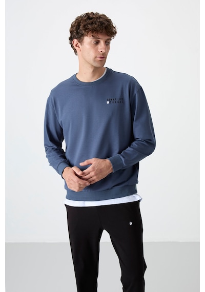 Tommy Life Petrol - Siyah Casual O Yaka Lastik Paça Pamuklu Erkek Oversize Eşofman Takımı - 85120 Petrol Mavi