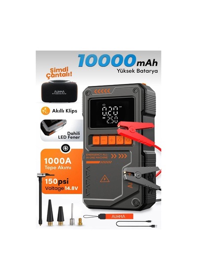 Tr Akü Takviye Cihazı 10.000mah 4-in-1 Hava Kompresörü Powerbank Sos Fener A8822 Auhma