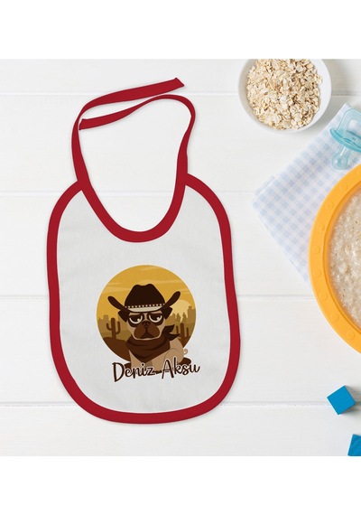 BK Kids Kişiye Özel Sevimli Kovboy Tasarımlı Kırmızı Bebek Mama Önlüğü Kırmızı
