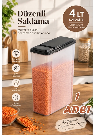 Porsima Ak-571 4 Lt Şeffaf Erzak Kabı Ölçü Çizgili, Pratik Açılır Siyah Kapaklı Kuru Gıda & Bakliyat Saklama Kabı