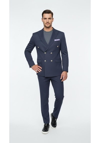 Erkek Kruvaze Gold Düğmeli Dokulu Likralı Kumaş Blazer Ceket Modern Kesim Şık Tasarım Lacivert